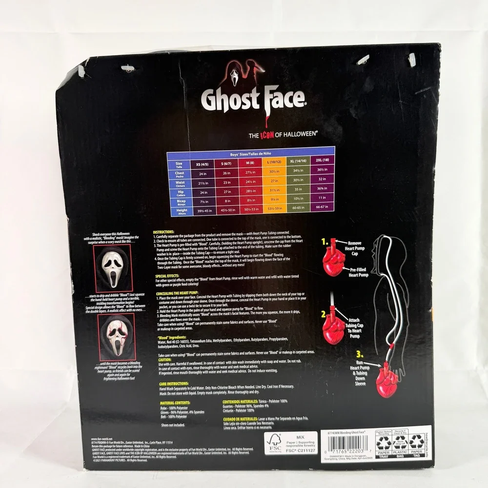 Fun World Ghost Face Bleeding Costume Kids Size L 10-12 Scream Mask Robe Gloves